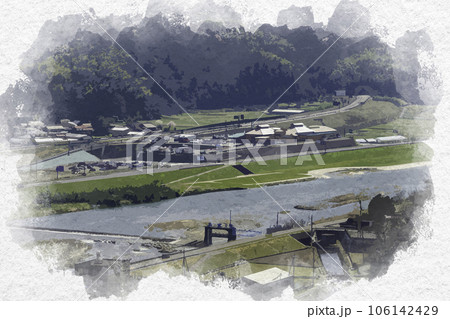 水彩画風　河原城　道の駅清流茶屋かわはら　鳥取県鳥取市 106142429