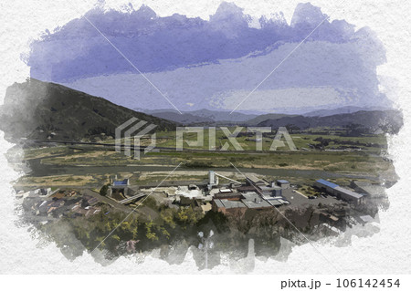 水彩画風　河原城　八頭町方面を望む　鳥取県鳥取市 106142454