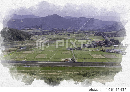 水彩画風　河原城　八頭町方面を望む　鳥取県鳥取市 106142455