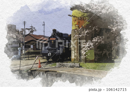 水彩画風 若桜駅 C12と給水塔 鳥取県八頭郡若桜町 水彩画風 若桜駅 C12と給水塔 鳥取県八頭郡若桜町 106142715
