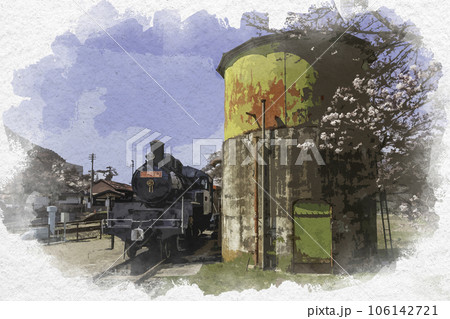 水彩画風　若桜駅　C12と給水塔　鳥取県八頭郡若桜町 106142721