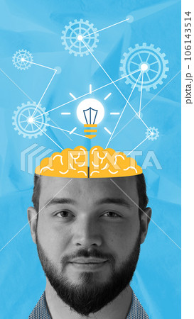 Contemporary art collage. Banner. Smiling man with open black and white head with gear wheels inside which generate new electric bulb. 106143514