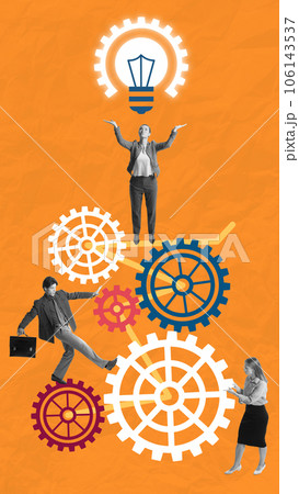 Contemporary art collage. Black and white business people fixing colorful gears wheels to get new electric bulb symbolizing ideas. Contemporary art collage. Black and white business people fixing colorful gears wheels to get new electric bulb symbolizing ideas. 106143537