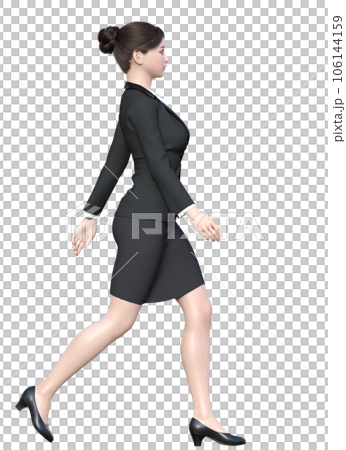 Full-body 3D illustration of a career woman walking briskly with a light step Full-body 3D illustration of a career woman walking briskly with a light step 106144159