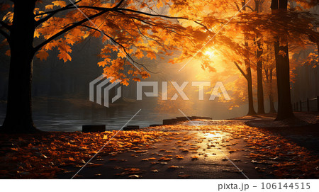 The road in the park strewn with autumn leaves. Autumn landscape of the long road. autumn concept. The road in the park strewn with autumn leaves. Autumn landscape of the long road. autumn concept. 106144515