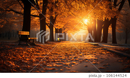 The road in the park strewn with autumn leaves. Autumn landscape of the long road. autumn concept. The road in the park strewn with autumn leaves. Autumn landscape of the long road. autumn concept. 106144524