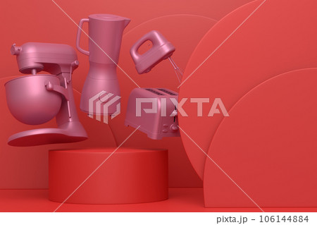 Abstract scene or podium with kitchen appliances and utensils on monochrome. 106144884