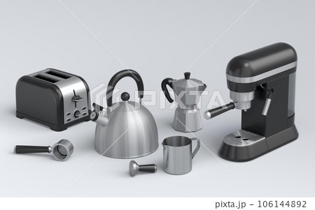 Espresso coffee machine, hand mixer, kettle and toaster on white background. 106144892