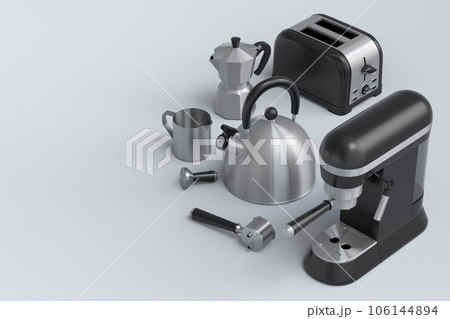 Espresso coffee machine, hand mixer, kettle and toaster on white background. 106144894
