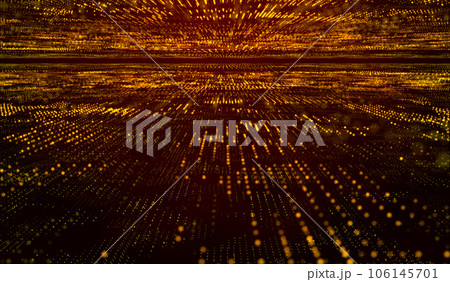 3D abstract digital technology yellow-orange particles network wave on red background. 106145701