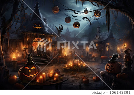 Halloween party background decorations with Pumpkin candle in Spooky Night, ghost day design concept, Haunted Houses decor, with Generative Ai 106145891