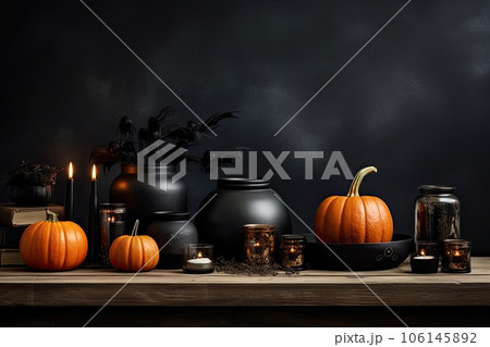 Halloween party background decorations with Pumpkin candle in Spooky Night, ghost day design concept, Haunted Houses decor, with Generative Ai 106145892