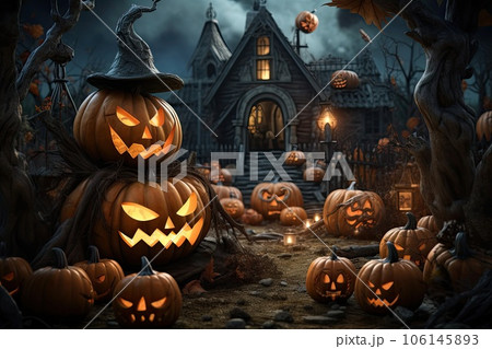 Halloween party background decorations with Pumpkin candle in Spooky Night, ghost day design concept, Haunted Houses decor, with Generative Ai 106145893