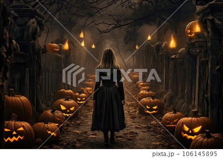 Halloween party background decorations with Pumpkin candle in Spooky Night, ghost day design concept, Haunted Houses decor, with Generative Ai 106145895