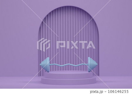 Barbell with metal disks on cylinder podium with steps on monochrome background. 3d render of display product like sport accessories for team playing 106146255