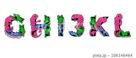 GHIJKL. Latin letters in cute childish style. Vector isolated colorful lettering with animals. 106146464