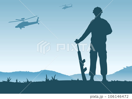 Background of war in situation of soldier standing and hold gun to defend army base 106146472