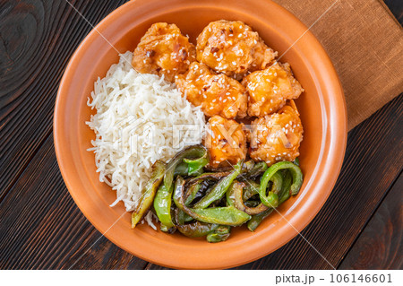 Bowl of orange chicken 106146601