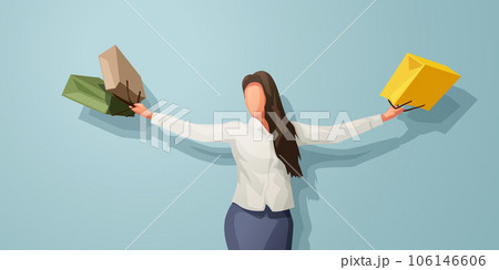 a woman with shopping bags hands up 106146606