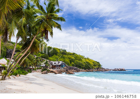 Anse Takamaka Beach view with palm trees and white sand Anse Takamaka Beach view with palm trees and white sand 106146758
