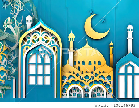 Ramadan Kareem! Vector illustration of abstract paper cut mosque, crescent, pattern, window and street , background or wallpaper. Ramadan Kareem! Vector illustration of abstract paper cut mosque, crescent, pattern, window and street , background or wallpaper. 106146793