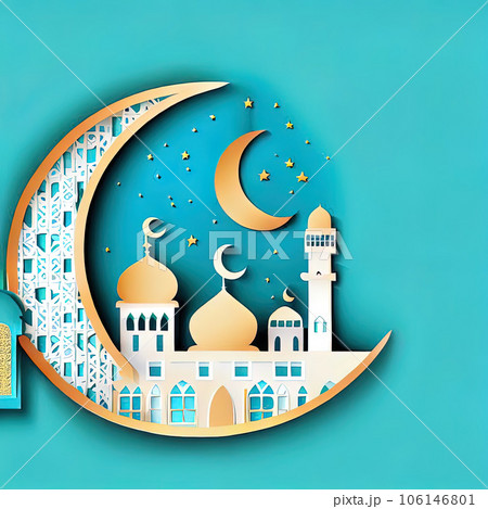 Ramadan Kareem! Vector illustration of abstract paper cut mosque, crescent, pattern, window and street , background or wallpaper. 106146801