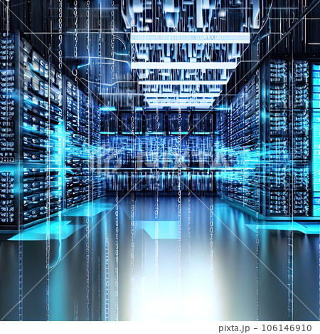 Futuristic data center room with rows of equipment interior with big data cybersecurity illustration neural. 106146910