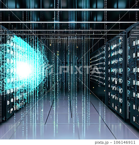 Futuristic data center room with rows of equipment interior with big data cybersecurity illustration neural. 106146911