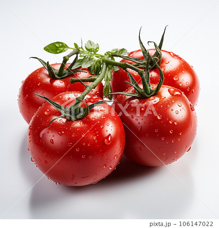 fresh red tomatoes with green leaves isolated on white fresh red tomatoes with green leaves isolated on white 106147022