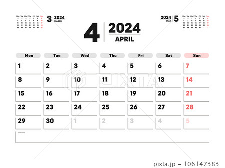 2024年4月のカレンダー - 月曜始まりの月めくりカレンダー - 3ヶ月分･祝日表記なし･A版比率 106147383