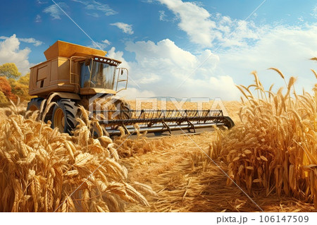 Harvester harvests in a wheat field. Harvester harvests in a wheat field. 106147509