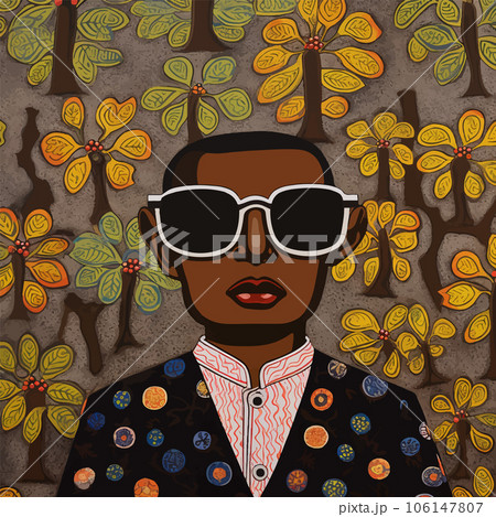 Portrait of a confident African man wearing sunglasses and a stylish suit. Tribal painting of a serious gangster in a garden 106147807