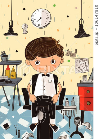 Young happy boy, wearing formal clothes, got a haircut in a barbershop. Stylish kid client sitting in a chair in a hair salon Young happy boy, wearing formal clothes, got a haircut in a barbershop. Stylish kid client sitting in a chair in a hair salon 106147810