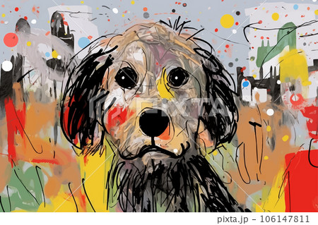 Close-up face of a sad stray puppy outside on the street. Childish gouache painting of a miserable animal Close-up face of a sad stray puppy outside on the street. Childish gouache painting of a miserable animal 106147811