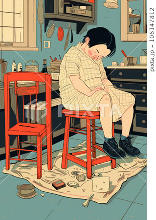Miserable man sleeping in a messy kitchen. Lonely person struggling with poverty and depression Miserable man sleeping in a messy kitchen. Lonely person struggling with poverty and depression 106147812