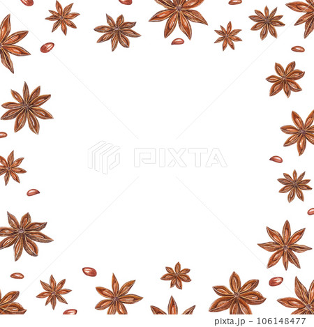 Watercolor square frame of star anise on white. Badian, Aniseed. Christmas and New Year hand drawn illustration of brown spices for greetings, cards, package Watercolor square frame of star anise on white. Badian, Aniseed. Christmas and New Year hand drawn illustration of brown spices for greetings, cards, package 106148477