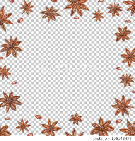 Watercolor square frame of star anise on white. Badian, Aniseed. Christmas and New Year hand drawn illustration of brown spices for greetings, cards, package Watercolor square frame of star anise on white. Badian, Aniseed. Christmas and New Year hand drawn illustration of brown spices for greetings, cards, package 106148477