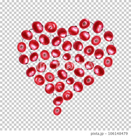 Fresh juicy cranberries laid out in the shape of heart. Red berries isolated in white. Top view. For invitation, cards, greetings, package design, advertising posters, labels Fresh juicy cranberries laid out in the shape of heart. Red berries isolated in white. Top view. For invitation, cards, greetings, package design, advertising posters, labels 106148479