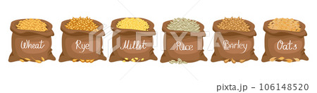 Cereals set. Linen bags with grains wheat, rye, oats, rice, barley, millet. Harvest, agriculture. Illustration, vector 106148520