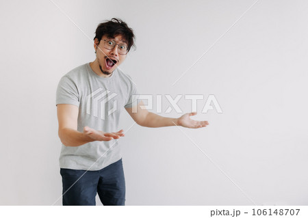 Bored man feel shocked and surprised isolated on white. 106148707