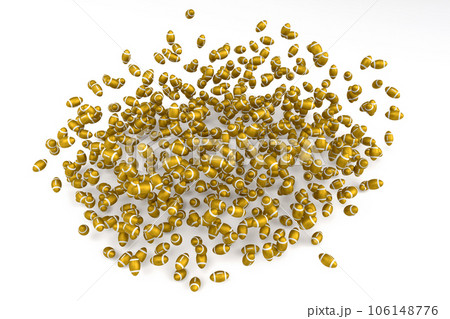Many of flying gold american football ball falling on white background. 3d render of sport accessories for team playing games, exercise and competition 106148776
