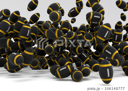 Many of flying black american football ball falling on white background. 3d render of sport accessories for team playing games, exercise and competition 106148777
