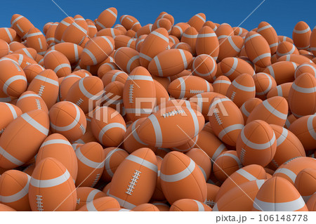 Many of flying orange basketball ball falling on blue background. 3d render of sport accessories for team playing games, exercise and competition 106148778