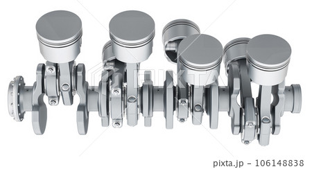 V8 engine pistons and cog, side view. 3D rendering V8 engine pistons and cog, side view. 3D rendering 106148838