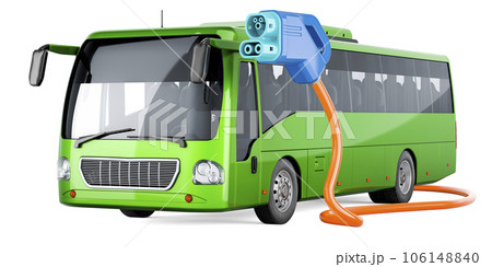 Electric tourist bus with electric car charging plug. Eco-friendly transport, concept. 3D rendering Electric tourist bus with electric car charging plug. Eco-friendly transport, concept. 3D rendering 106148840