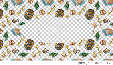 Frame of wooden barrel, pint of beer, German hat, accordion watercolor illustration isolated on white. Pretzel, wheat ear, trumpet hand drawn. Design for beer festival, brewing, menu, signage, label 106148915