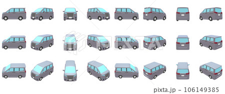自動車のイラスト素材　デフォルメ　ミニバン　グレー　24点セット 106149385