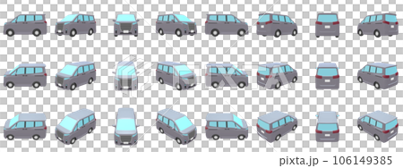 自動車のイラスト素材　デフォルメ　ミニバン　グレー　24点セット 106149385