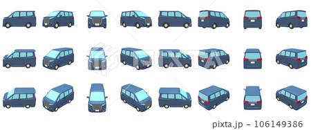 自動車のイラスト素材　デフォルメ　ミニバン　ディープブルー　24点セット 106149386
