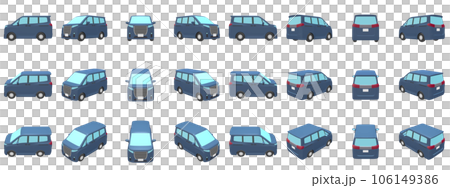 自動車のイラスト素材　デフォルメ　ミニバン　ディープブルー　24点セット 106149386
